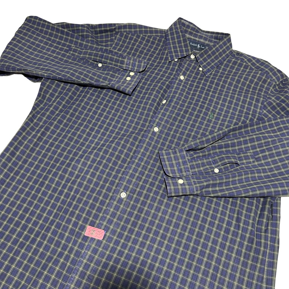 Ralph Lauren Button Down Shirt Mens 16.5 L Blue Plaid Classic Fit Long Sleeve
